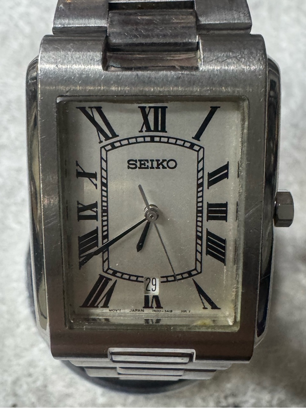 Seiko Silver Stainless Steel Rectangular Men’s Watch with White Dial